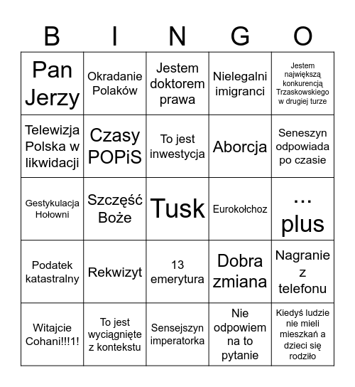 Bingo debatanckie Bingo Card