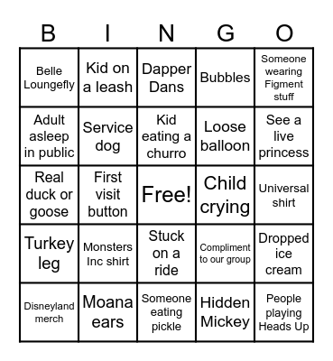 Disney World 2025 Bingo Card
