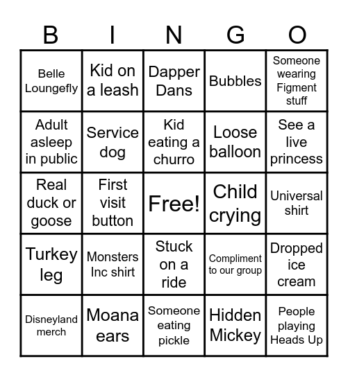Disney World 2025 Bingo Card