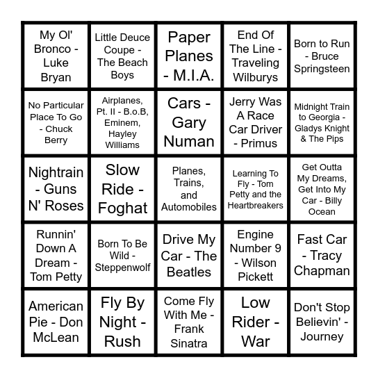 Rock and Roll Bingo at T.M. Nortons Bingo Card