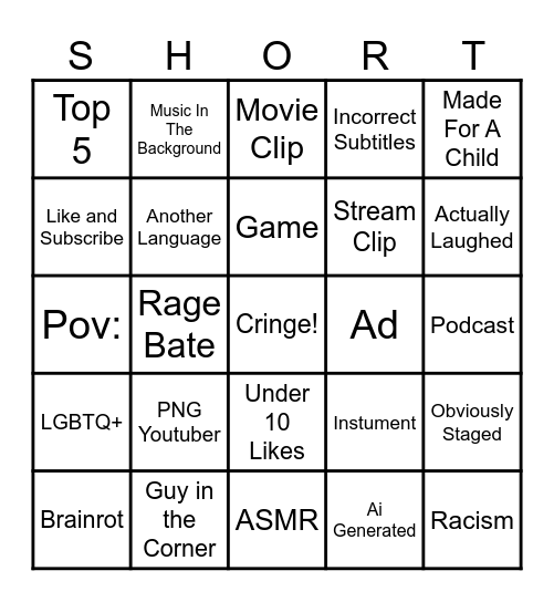 Youtube Short Bingo Card
