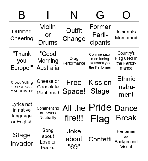 Eurovision Semi Final 1 Bingo Card Bingo Card