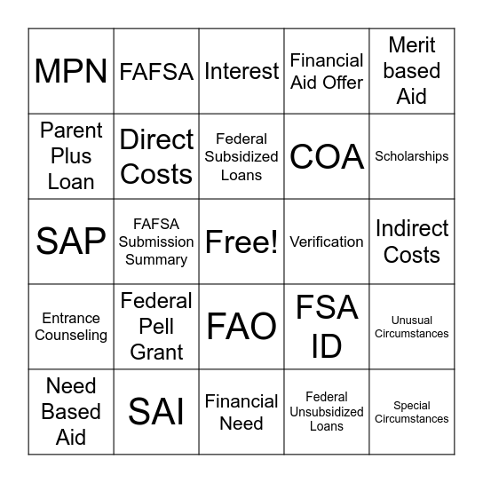 Financial Aid Bingo Card