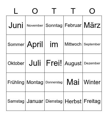 Die Tage, Monaten und Jahreszeiten Bingo Card