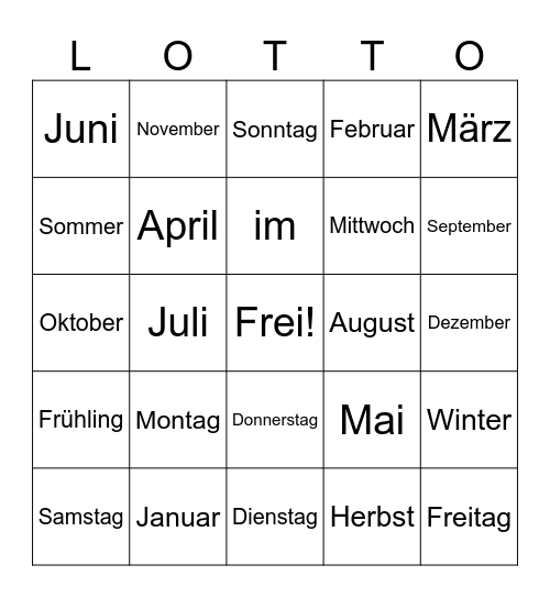 Die Tage, Monaten und Jahreszeiten Bingo Card