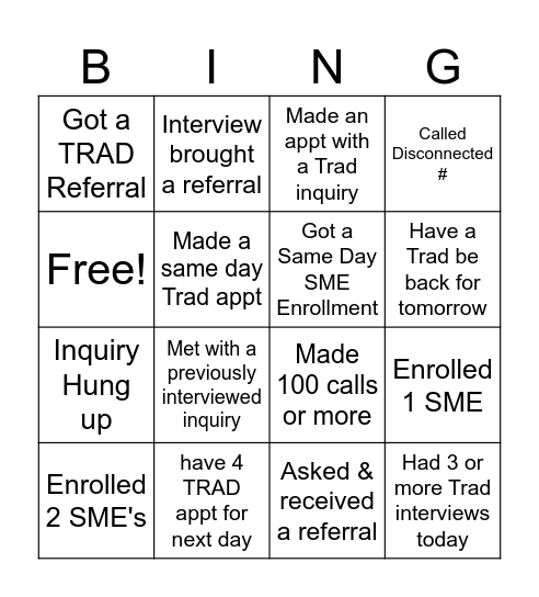 Admissions Trad Bingo Card