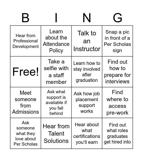 Per Scholas: OPEN HOUSE Bingo Card