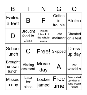 School Bingo Card