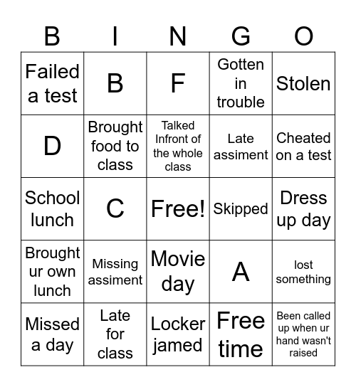 School Bingo Card