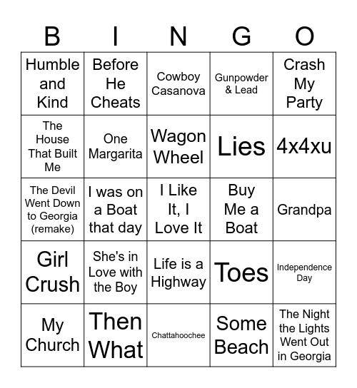 Country Club Bingo Card