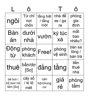 House/Furtniture Vocab Bingo Card