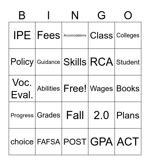 Post Secondary Services Bingo Card