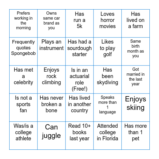 Icebreaker Bingo Card
