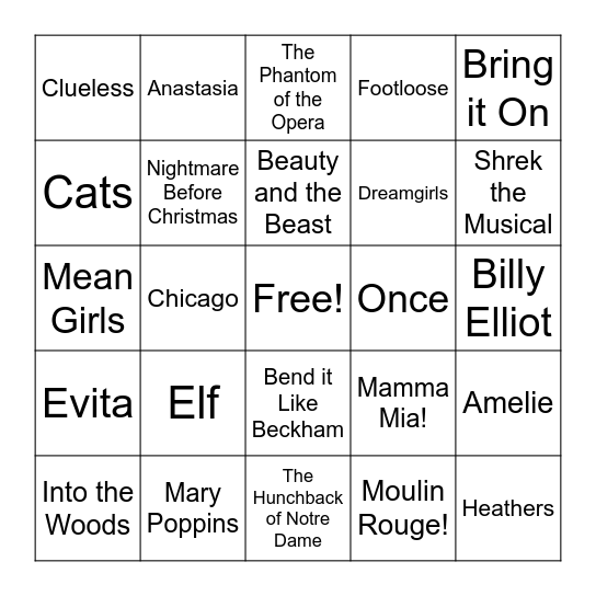 Broadway Bingo: Movie Musicals Bingo Card
