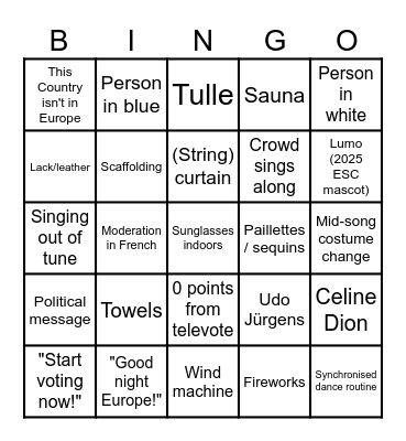 69th Eurovision 2025 in Basel Bingo Card
