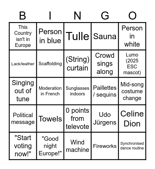 69th Eurovision 2025 in Basel Bingo Card