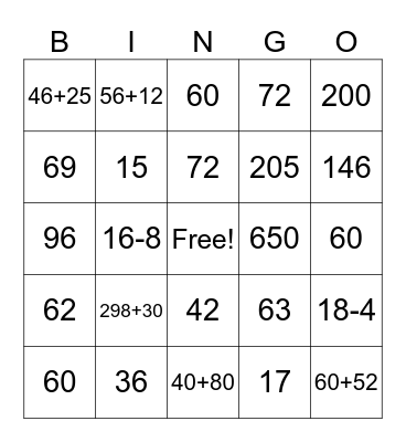 Math Addition Bingo Card