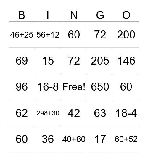 Math Addition Bingo Card