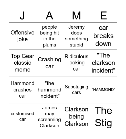 Top Gear Bingo Card