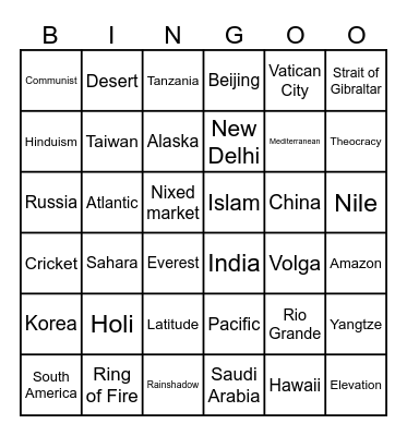 End of the Year Geography Bingo Card