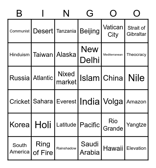 End of the Year Geography Bingo Card