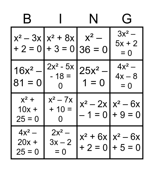 Quadratics Bingo Answer Key Bingo Card