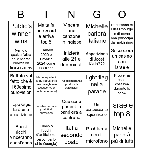 Eurovizion Bingo Card