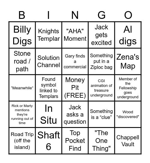 Curse of Oak Island Bingo Card