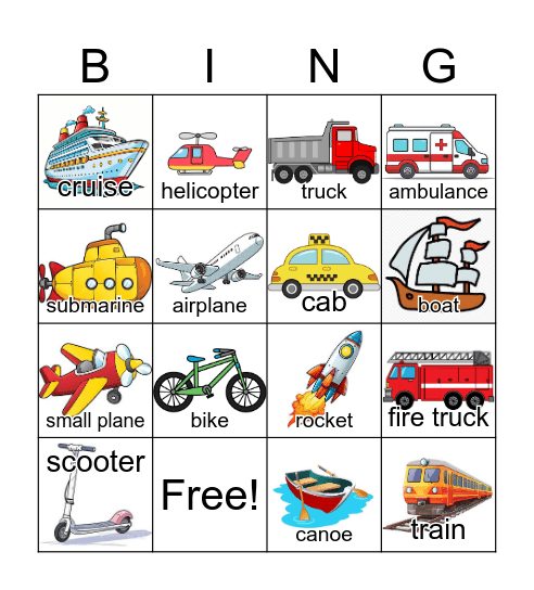 Means of transportation Bingo Card