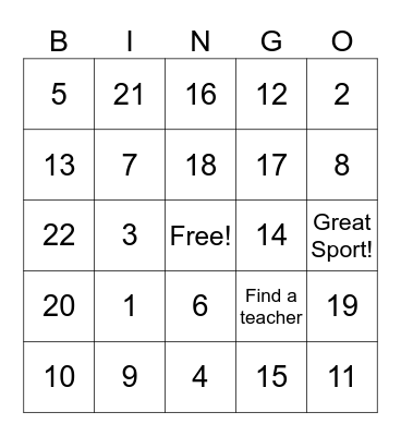 Harry Street Field Day Bingo Card