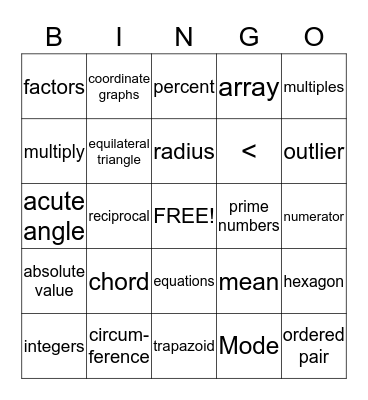 Math Terms Bingo Card