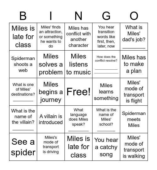 Into the Spiderverse Bingo Card