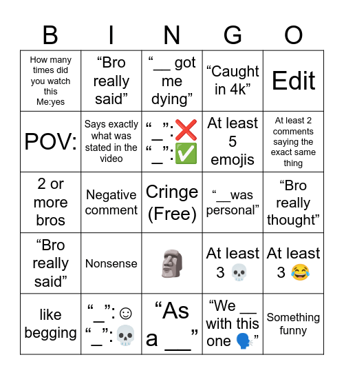 YT shorts bingo Card