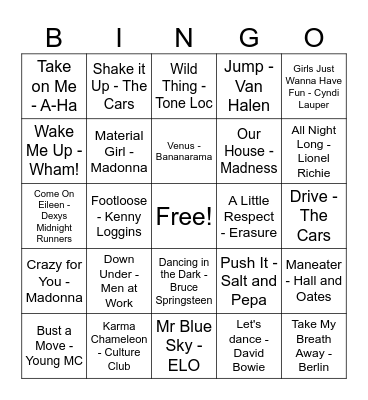 80s Prom Night Bingo Card