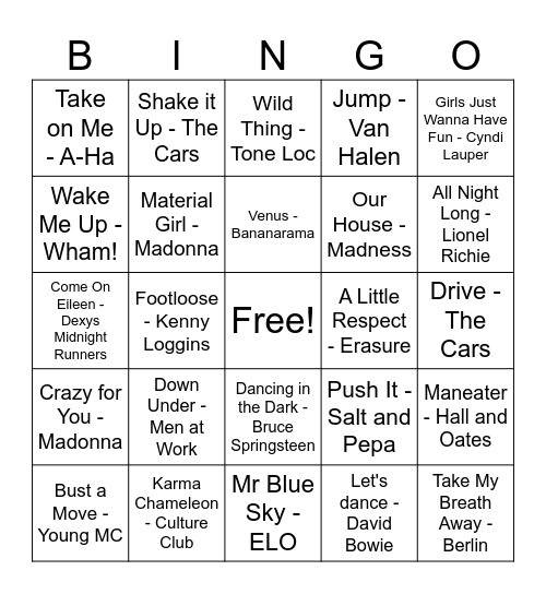 80s Prom Night Bingo Card