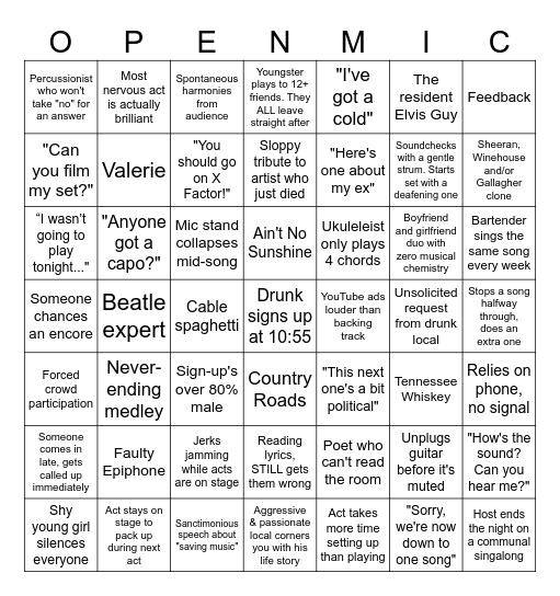 Open Mic Bingo Card