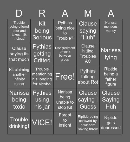 Trauma Drama Bingo Card