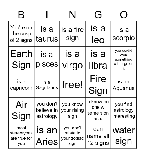 zodiac sign bingo made by @grasses_are_green Bingo Card