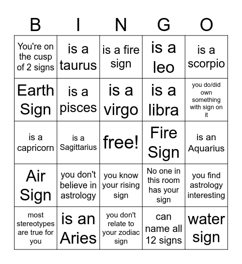 zodiac sign bingo made by @grasses_are_green Bingo Card