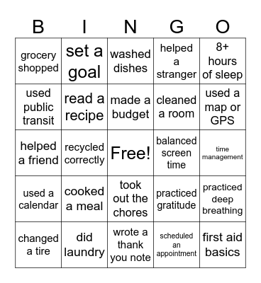 Life Skills Bingo Card