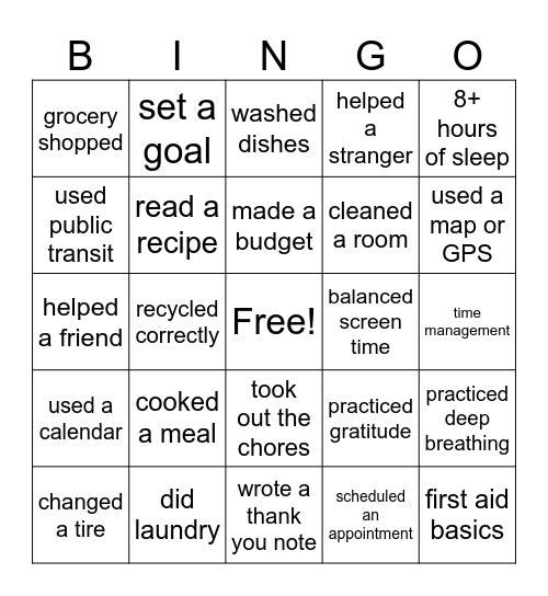 Life Skills Bingo Card