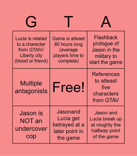 GTAVI BINGO SHEET Bingo Card
