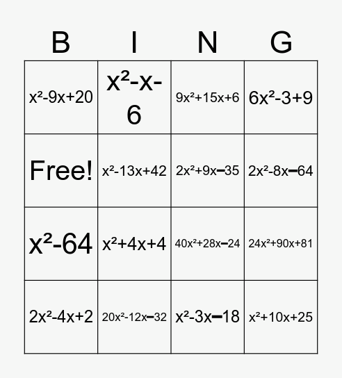 Polynomials Bingo Card