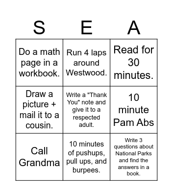 Independent Summer Activities Bingo Card