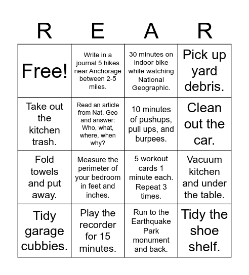 Independent Summer Activities Bingo Card