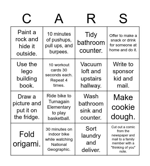 Independent Summer Activities Bingo Card