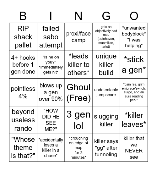 Average DBD Game Bingo Card