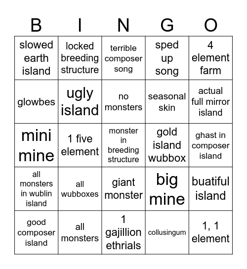 my singing monsters Bingo Card