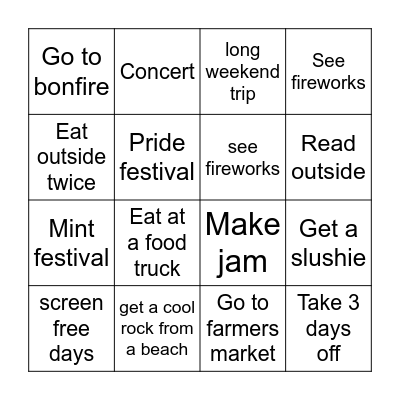 Summer Challenge Bingo Card