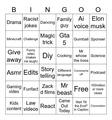 Yt bingo Card